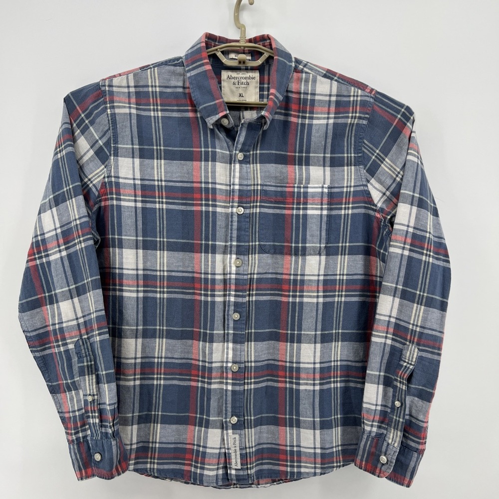 Abercrombie & Fitch Flannel Work Muscle Shirt Mens XL Blue Plaid Lonen Blend Y2K